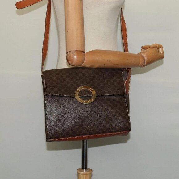 CELINE Macadam Canvas Circle Shoulder Bag PVC Leather Brown Gold Auth MX459 - Picture 14 of 16